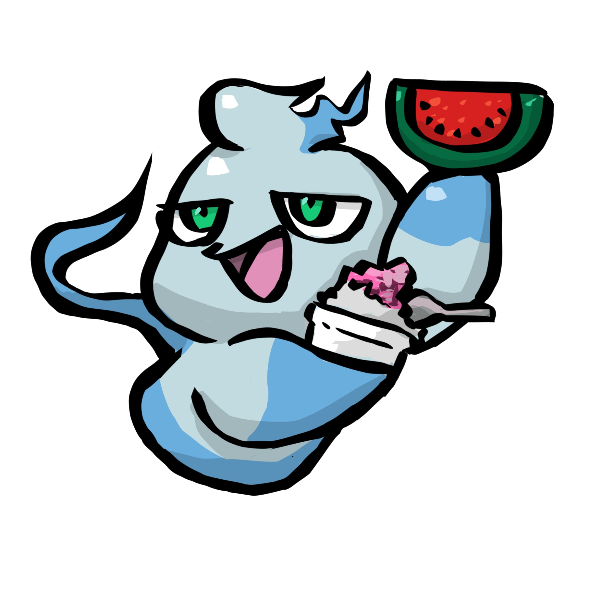 かき氷とスイカを楽しむミタマのイラスト